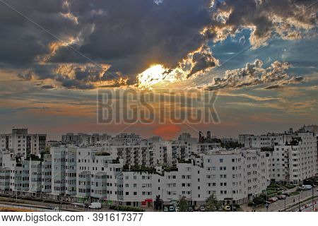 Stormy Clouds In Late Afternoon Over Housing Blocks Of Warsaw Residential Area