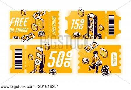 Yellow Coupons For Free Oil Change, Vouchers With Gift Or Discount For Car Service. Vector Set Of Ce