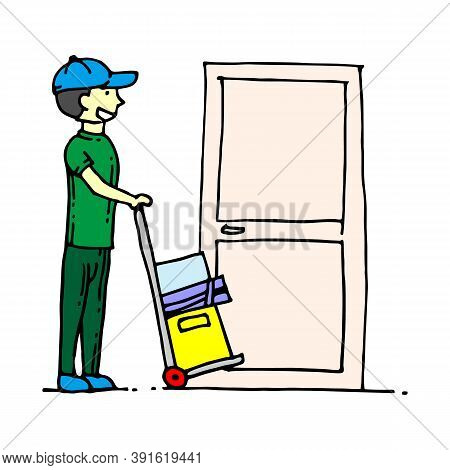 Cheerful Porter Boy Flat Vector Illustration. Smiling Man Pushing Luggage Trolley Cartoon Character.