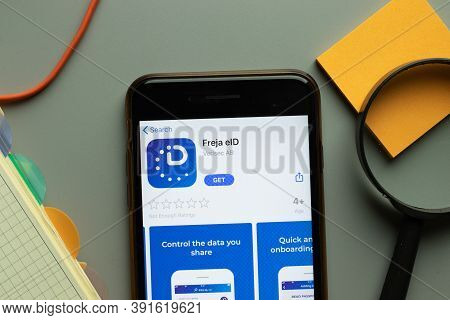 New York, Usa - 26 October 2020: Freja Eid Mobile App Logo On Phone Screen Close Up, Illustrative Ed