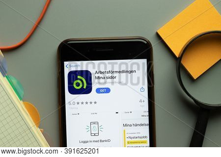 New York, Usa - 26 October 2020: Arbetsformedlingen Mina Sidor Mobile App Logo On Phone Screen Close