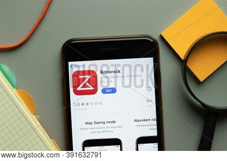New York, Usa - 26 October 2020: Roborock Mobile App Logo On Phone Screen Close Up, Illustrative Edi