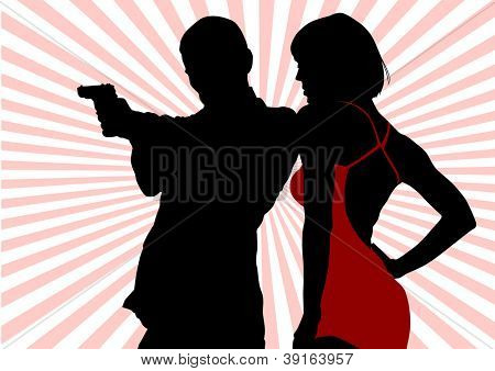 tegning af en mand i en dragt med en pistol