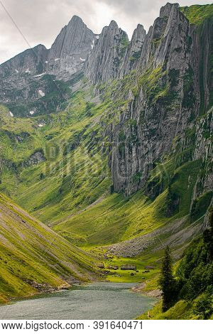Beautiful View Of The Third Largest Mountain Lake He Canton Of Appenzell. Lake Fahlensee Is In A Ver