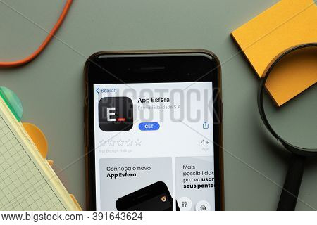 New York, Usa - 26 October 2020: Esfera Mobile App Logo On Phone Screen Close Up, Illustrative Edito