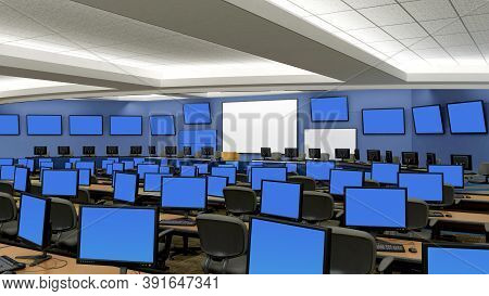 3d Illustration With Blue Screen Monitors In A Classroom Or A Surveillance And Network Management Ce