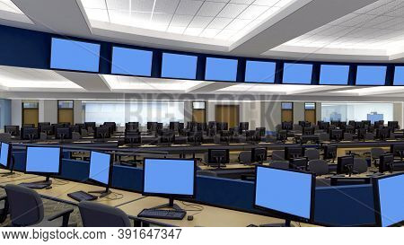 3d Illustration With Blue Screen Monitors In A Classroom Or A Surveillance And Network Control Cente