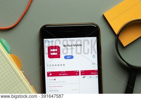New York, Usa - 26 October 2020: Belfius Mobile App Logo On Phone Screen Close Up, Illustrative Edit