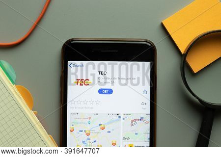 New York, Usa - 26 October 2020: Tec Mobile App Logo On Phone Screen Close Up, Illustrative Editoria
