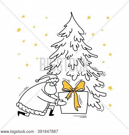 Santa Claus Sat Down Under A Fir Tree To Place A Large Gift With A Yellow Bow. Doodle Santa, Hand-dr