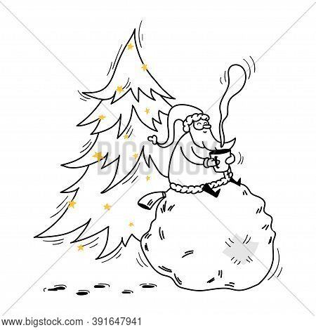 A Hand-drawn Santa Sits On A Bag Of Gifts, Santa Holds A Hot Drink In His Hands And Rests Near A Tal