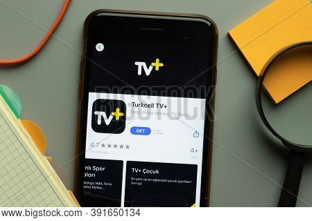 New York, Usa - 26 October 2020: Turkcell Tv Plus Mobile App Logo On Phone Screen Close Up, Illustra