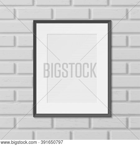 Frame For Picture, Photo On Brick Wall Realistic Blank Template. Passepartout Vertical Empty Mock Up