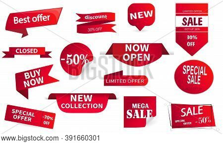 Set Of Red Ribbons, Banners. Sale Labels. Big, Mega -50% Discount. Trade Tags. Limited Offer. New Co