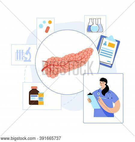 Pancreas Anatomy Logo Or Icon For Hospital Or Laboratory. Digestive System Concept And Gastrointesti