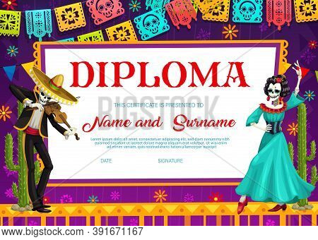 School Diploma Vector Template With Day Of The Dead Mexican Skeleton Playing Violin With Catrina Dan
