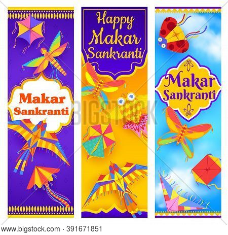 Makar Sankranti Indian Festival Vector Banners Of Hindu Religion Holiday Celebration. Flying Kites I