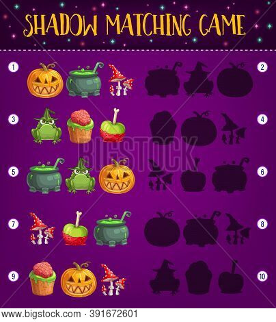 Halloween Shadow Matching Game Vector Template Of Kids Educational Activity Design. Preschool Childr