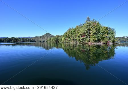 Autumn Landscape Reflections On Lake Santeetlah, North Carolina.
