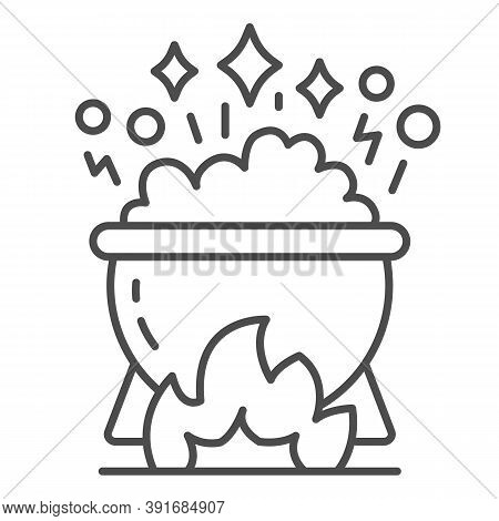 Cauldron With Magic Potion On Fire Thin Line Icon, Halloween Concept, Pot Of Boiling Potion Sign On 