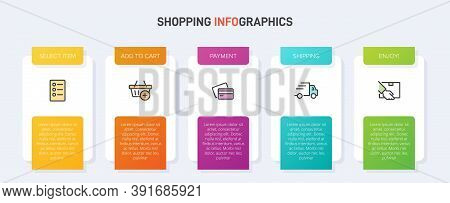 Concept Of Shopping Process With 5 Successive Steps. Five Colorful Graphic Elements. Timeline Design