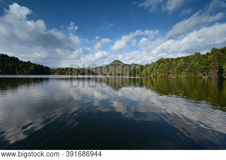 Autumn Landscape Reflections On Lake Santeetlah, North Carolina.
