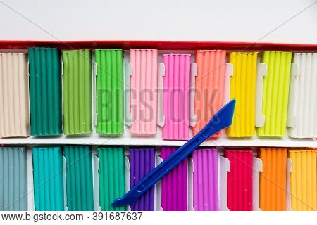 Colorful Kids Plasticine On White Background, Colorful Dough Modeling Clay.multicolored Briquettes O
