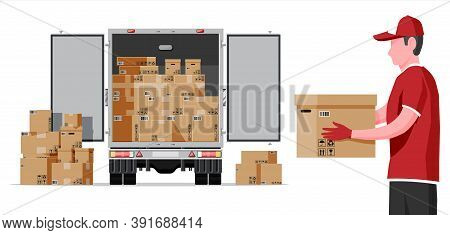 Truck Trailer Rear View Loaded With Cardboard Boxes. Delivery Van With Pile Of Boxes. Express Delive