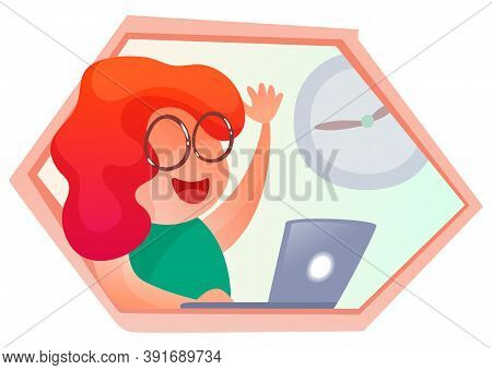 Vector Illustration Of Businesswoman Talking With Videocall. Support Assistant Communicates With Pot