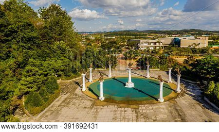 Hampyeong-gun, South Korea; September 27, 2020: Aerial View Of Statues At Entrance To Golden Bat Exh