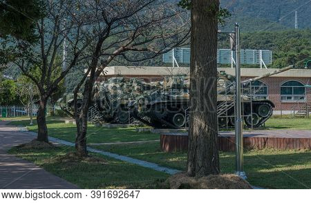 Hampyeong-gun, South Korea; September 27, 2020: Rear View Of Military Transport Vehicles On Display 