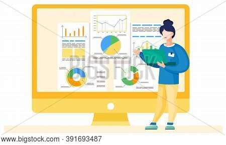Lady Is Working And Analyzing Financial Statistics On The Background. Marketer Is Studying Informati