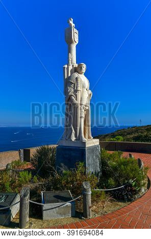 San Diego - July 17, 2020: Juan Rodri­guez Cabrillo Statue And Panorama Of San Diego, California
