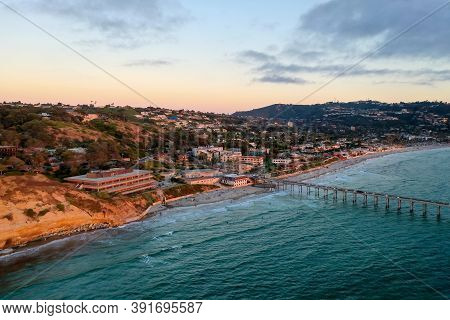 Aerial View Of Scripps Coastal Reserve In La Jolla, California At Sunset.