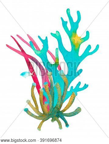 Hand Drawn Coral Reef Decorative Composition. Beautiful Watercolor Bright Blue Corals, Yellow Starfi