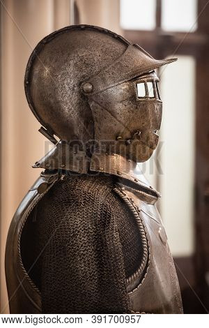 Plate Armour Medieval Armor, Armed Fighter Profile. Historical Type Of Personal Body Armour Made Fro
