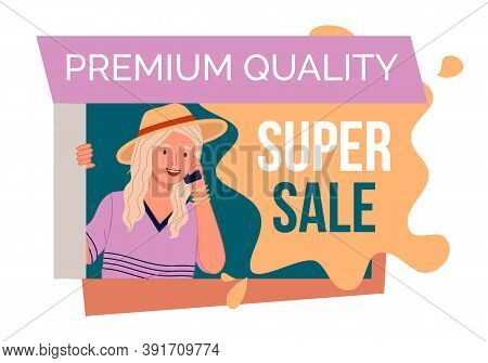 Premium Quality Super Sale Banner With Beautiful Blonde Woman In Hat Talking With Mobile Phone. Disc