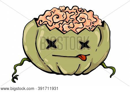 Vector Pale Green Zombie Pumpkin With Brains Isolated On White Background