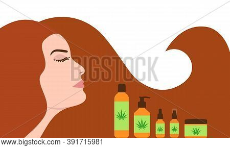 Woman With Long Strong Hair Near Cbd Oil Products. Various Herbal Hemp Or Cannabis Cosmetics For Bea