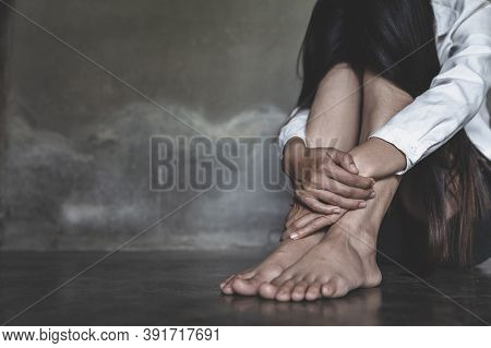 Teenage Girls With Problems, Sad Depressed Woman Suffering From Family Life. Women Sitting In Dark R