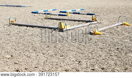 Accessories For Horse Trainings And Events In Rural Equestrian Training Centre. Image Of An Empty Tr