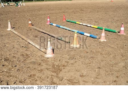 Accessories For Horse Trainings And Events In Rural Equestrian Training Centre. Image Of An Empty Tr
