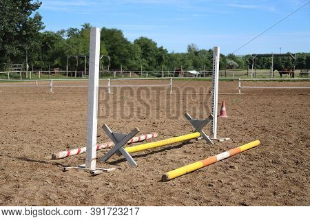 Accessories For Horse Trainings And Events In Rural Equestrian Training Centre. Image Of An Empty Tr