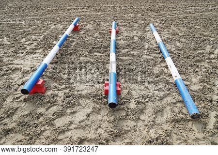Accessories For Horse Trainings And Events In Rural Equestrian Training Centre. Image Of An Empty Tr