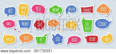 Paper Speech Bubble With Phrases - Colorful Cartoon Comic Bubbles And Clouds.