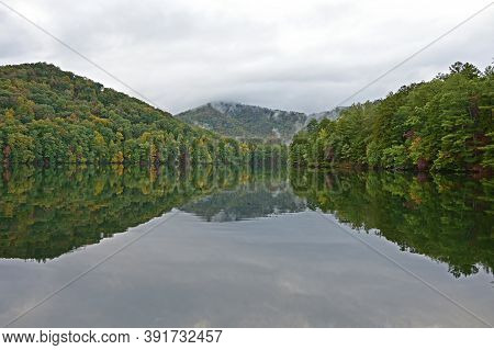 Autumn Landscape Reflections On Lake Santeetlah, North Carolina.