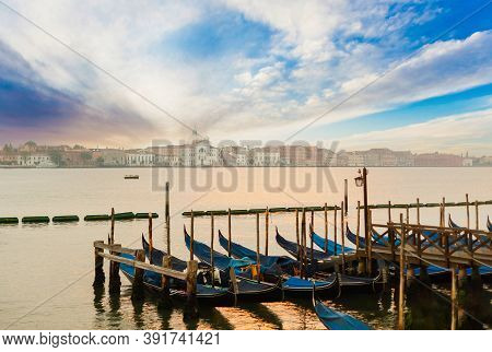 Gondolas Of Venice In The Morning Light. Italy.
