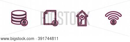 Set Line Server Security With Lock, Retro Wall Watch, Document And And Wifi Locked Icon. Vector