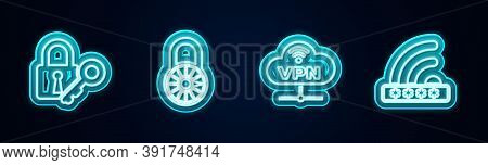 Set Line Lock And Key, Safe Combination Lock Wheel, Vpn Network Cloud Connection And Wifi Locked. Gl