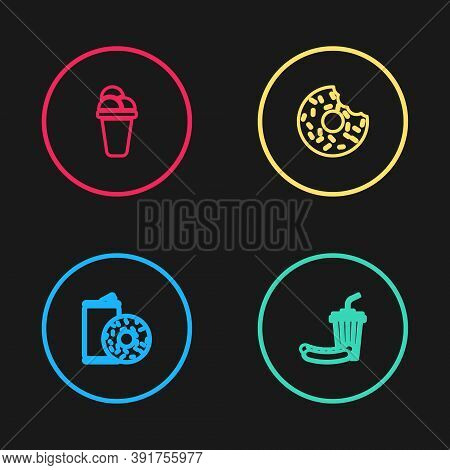 Set Line Aluminum Can Soda And Donut, Soda Hotdog, Donut And Ice Cream Icon. Vector